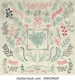 Vector Hand Sketched Rustic Floral Doodle Branches, Design Elements. Decorative Floral Frames, Branches, Swirls on Crumpled Paper Background Texture. Pen Drawing Vector Illustration. Pattern Brushes.