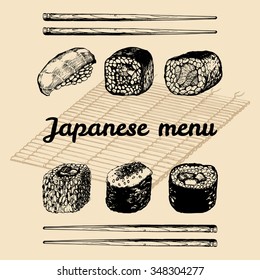 Vector hand sketched sushi set. Japanese menu design. Asian food, tableware illustrations for restaurant, cafe etc. Rolls, chopsticks drawings.