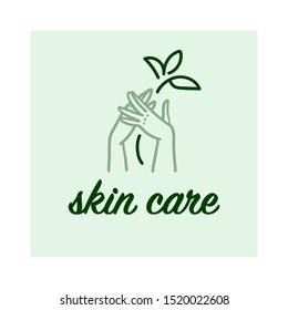 Vector hand skin care logo design concept with human lady hands illustration icon in hand drawn style isolated on light background. Hand cream emblem, moisturizer packaging badge, body care etc.