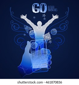 Vector hand with smartphone and the man surrounded by fantasy creatures. Mobile phone with GPS navigation. Conceptual line art. Trendy outdoor game.