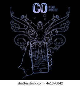 Vector hand with smartphone and the man surrounded by fantasy creatures. Mobile phone with GPS navigation. Conceptual line art. Trendy outdoor game.