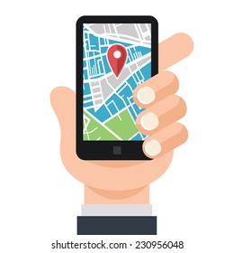 Vector Hand and Smartphone with Map Navigation App on Touch Screen Flat Illustration. Isolated on white background.