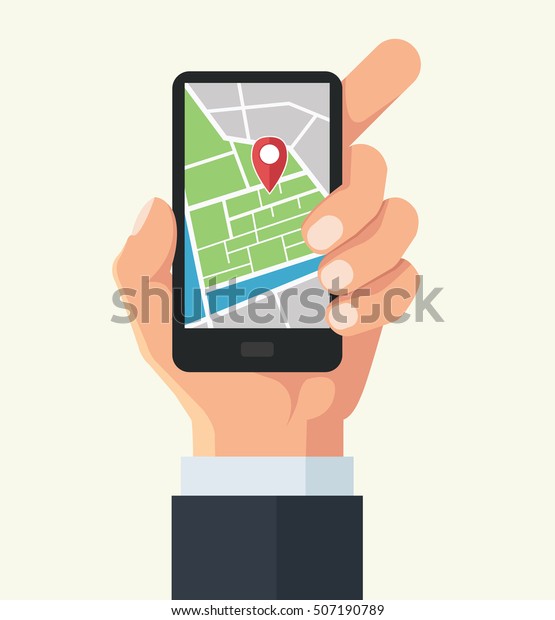 Vector hand and smartphone with\
map navigation app on touch screen. Vector flat cartoon\
illustration