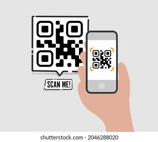 Vector hand with smartphone scanning QR Code from the wall