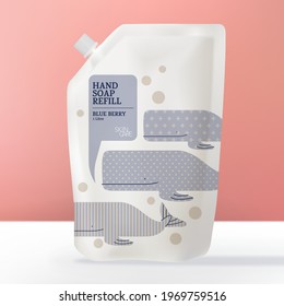 Vector Hand Soap, Sanitizer or Washing Detergent Refill Packet or Bag. Cartoon Whale Kids Pattern Theme.