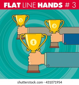 Vector hand style flat line design. Hand of a businessman holding a Cup, competition, contest, victory, win, award, winning, triumph, victorious.