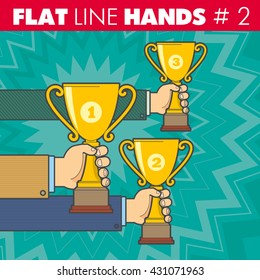 Vector hand style flat line design. Hand of a businessman holding a Cup, competition, contest, victory, win, award, winning, triumph, victorious. For web, print.