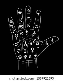 Vector hand in the symbols of alchemy