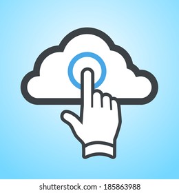 vector hand tapping on cloud computing icon with one finger | flat design ui elment on blue background