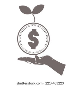 Un vector de la mano que trajo el dinero ahí hay dos hojas oscuras, grises y de colores que simbolizan la inversión en el negocio.Este logo adecuado para las cosas que se relacionan, financieras, de negocios 