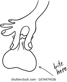 Vector hand that holds bag or eat, hand-drawn on outline, cartoon, doodle style in black on a white isolated background. Use as an addition to illustration, brochure, banner, website design.