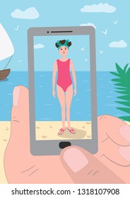 Vector hand that holds the phone and photo of beautiful girl in swimsuit on the phone screen. A young woman on a summer vacation posing on the beach for photos on smartphone. 