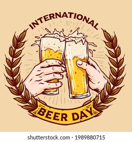 vector of hand toast a glass of beer badge for international beer day celebrate