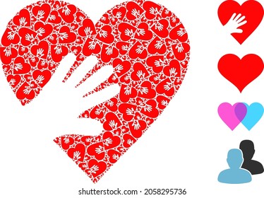 Vector hand touch heart mosaic is formed from randomized fractal hand touch heart elements. Fractal mosaic of hand touch heart.