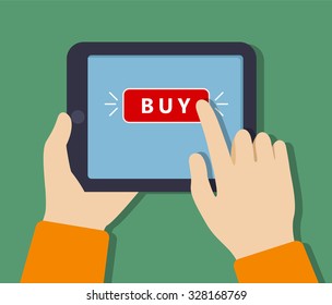 vector. Hand touching tablet with buy button on the screen.