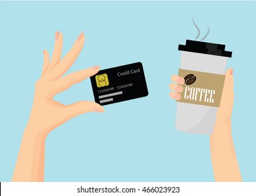 Vector of hand using credit card to buy coffee