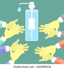 Vector Hand Wash Gel Icon on Green Background. Medical Sanitizer Symbol. Liquid Soap with Pumping from Bottle for Disinfection. Plastic Dispenser. Cleanser for Hygiene.