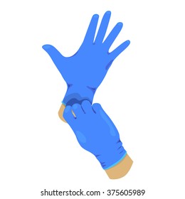 Vector Hand Wearing Blue Rubber Glove On White Background.