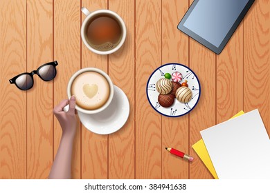 Vector hand with white cup of coffee latte with foam, tea cup, a plate of chocolates, Sunglasses, paper, pencil on a wooden background. workspace, business lunch