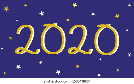 Vector - Hand writing new year 2020 on dark blue background with star light. Time to celebration. Seasonal greeting. Can be use decorate ant web, advertising, brochure, print or card.