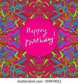 Vector hand written Birthday greeting card. Modern calligraphy. Hand lettered gratitude card on green abstract background. Hand lettered Happy Birthday in a round frame with a shadow