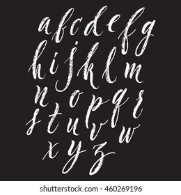 Vector hand written brush pen script. Hand drawn calligraphic latin alphabet. Cute isolated letters on an abstract background.