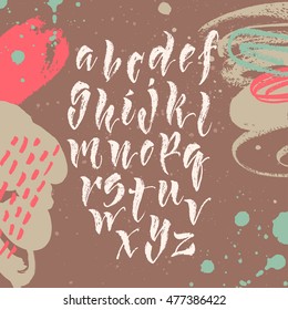 Vector hand written brush pen script. Hand drawn calligraphic latin alphabet. Cute isolated letters on an abstract background.