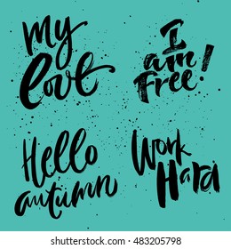Vector hand written brush pen calligraphy autumn phrase or quote. Cute isolated letters on an abstract background.