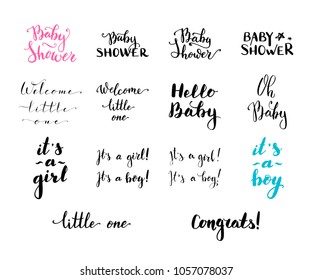 Vector hand written brush words and phrases. Baby Shower. Hello Baby. Welcome Little One. It's a girl. It's a boy. Congrats! Oh Baby