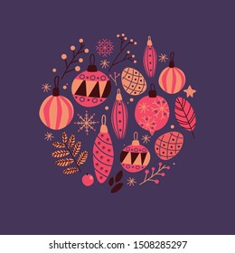 Vector hand written Christmas greeting card with balls, branches, snowflakes on dark background. Holiday invitation in circle ornament for winter holidays