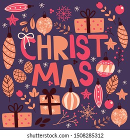 Vector hand written Christmas greeting card with presents, balls, branches, snowflakes on dark background. Holiday frame for winter holidays