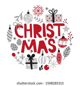 Vector hand written Christmas greeting card with presents, branches, snowflakes on white background. Holiday invitation in circle ornament for winter holidays