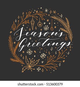 Vector hand written Christmas greeting. Elegant lettering. Winter background. Pastel color holiday card with modern calligraphy. Seasons Greetings.