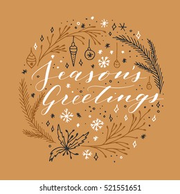 Vector hand written Christmas greeting. Elegant lettering. Winter background. Pastel color holiday card with modern calligraphy. Seasons Greetings.