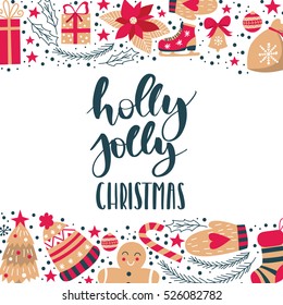 Vector hand written Christmas greeting card - Holly Jolly Christmas. Blue calligraphy poster isolated on white background with cartoon holiday elements. Festive banner