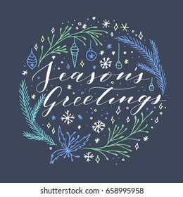 Vector hand written Christmas greeting. Elegant lettering. Winter background. Pastel color holiday card with modern calligraphy. Seasons Greetings.