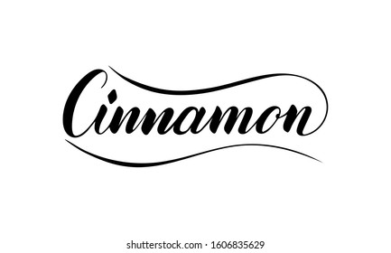 Vector hand written cinnamon text isolated on white background. Kitchen healthy herbs and spices for cooking. Script brushpen lettering with flourishes. Handwriting for banner, poster, product label