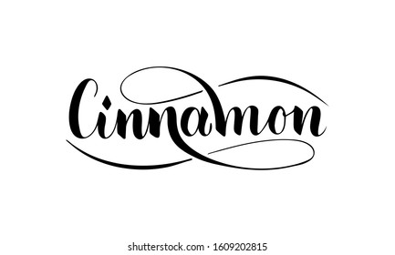 Vector hand written cinnamon text isolated on white background. Kitchen healthy herbs and spices for cooking. Script brushpen lettering with flourishes. Handwriting for banner, poster, product label