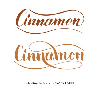Vector hand written cinnamon text isolated on white background. Kitchen healthy herbs and spices for cooking. Script brushpen lettering with flourishes. Handwriting for banner, poster, product label