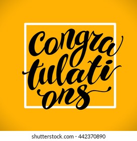 Vector hand written congratulations phrase isolated. Love card, congratulation, greeting. Poster, advertising, banner, placard design template. Hand written font, script, lettering. White frame.