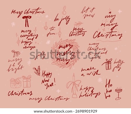 Vector hand written cool Christmas lettering collection. Stylish elegant festive phrases quotes. Minimalist organic xmas celebration decorations. Modern coquette holiday season words.