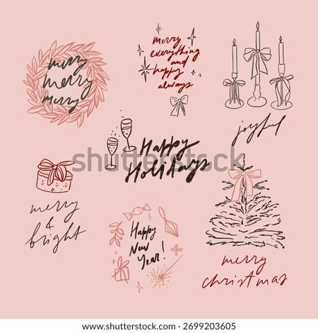 Vector hand written cool Christmas lettering collection. Stylish elegant festive phrases quotes. Minimalist organic xmas celebration decorations. Modern coquette holiday season words.