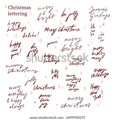 Vector hand written cool Christmas lettering collection. Stylish simple elegant festive phrases quotes. Minimalist organic xmas celebration decoration. Modern coquette holiday season words.