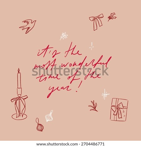 Vector hand written cool Christmas lettering greeting card. Stylish simple elegant festive phrase quote. Minimalist organic celebration decorations. Modern coquette holiday season words candle bow.