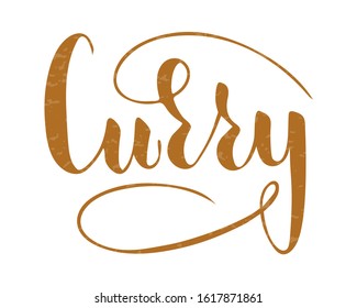 Vector hand written curry text isolated on white background. Kitchen healthy herbs and spices for cooking. Script brushpen lettering with flourishes. Handwriting for banner, poster, product label