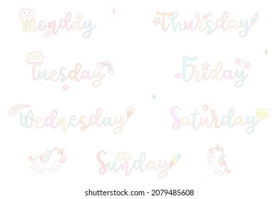 Vector - Hand written day of the week on unicorn concept. Monday, Tuesday, Wednesday, Thursday, Friday, Saturday and Sunday. Pastel color. Can be use decorate Diary, Planner, Calendar.