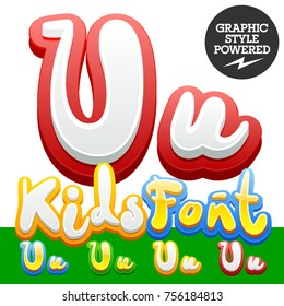 Vector hand written funny Alphabet set of sticker Children font. Different graphic style. Letter U