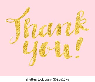 Vector hand written golden Thank You greeting card. Gold glitter modern calligraphy. Hand lettered gratitude card on pale pink background. Modern design. Golden hand lettering with sparks