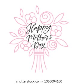 Vector hand written greeting card - Happy Mother's Day, with pink flower bouquet in line style