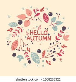 Vector hand written greeting card with berries and branches on beige background. Holiday invitation in circle ornament for autumn holidays